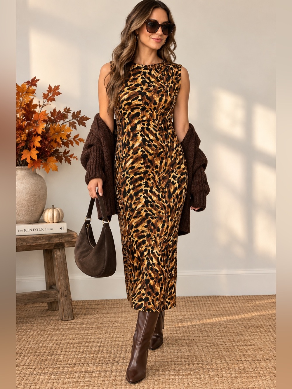 Norma Kamali Leopard Animal Print Midi Dress M Sleeveless Stretch Sheath Brown